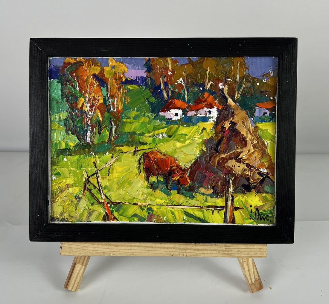 Oil painting Cow On The Edge Of The Village Oksana Ivanyuk: Title: Oil painting Cow On The Edge Of The Village Oksana Ivanyuk Description: AAA6478Oil painting Cow On The Edge Of The Village Oksana Ivanyuk is a vivid and expressive rural landscape filled with w