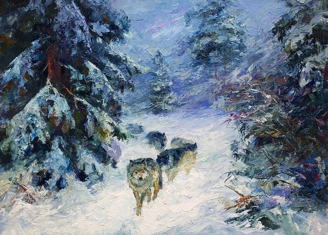 Oil painting Wolf Pack In The Winter Forest Boris Serdyuk: Title: Oil painting Wolf Pack In The Winter Forest Boris Serdyuk Description: SERB 1275Oil painting Wolf Pack In The Winter Forest Boris Serdyuk reveals the artist’s exceptional ability to translate