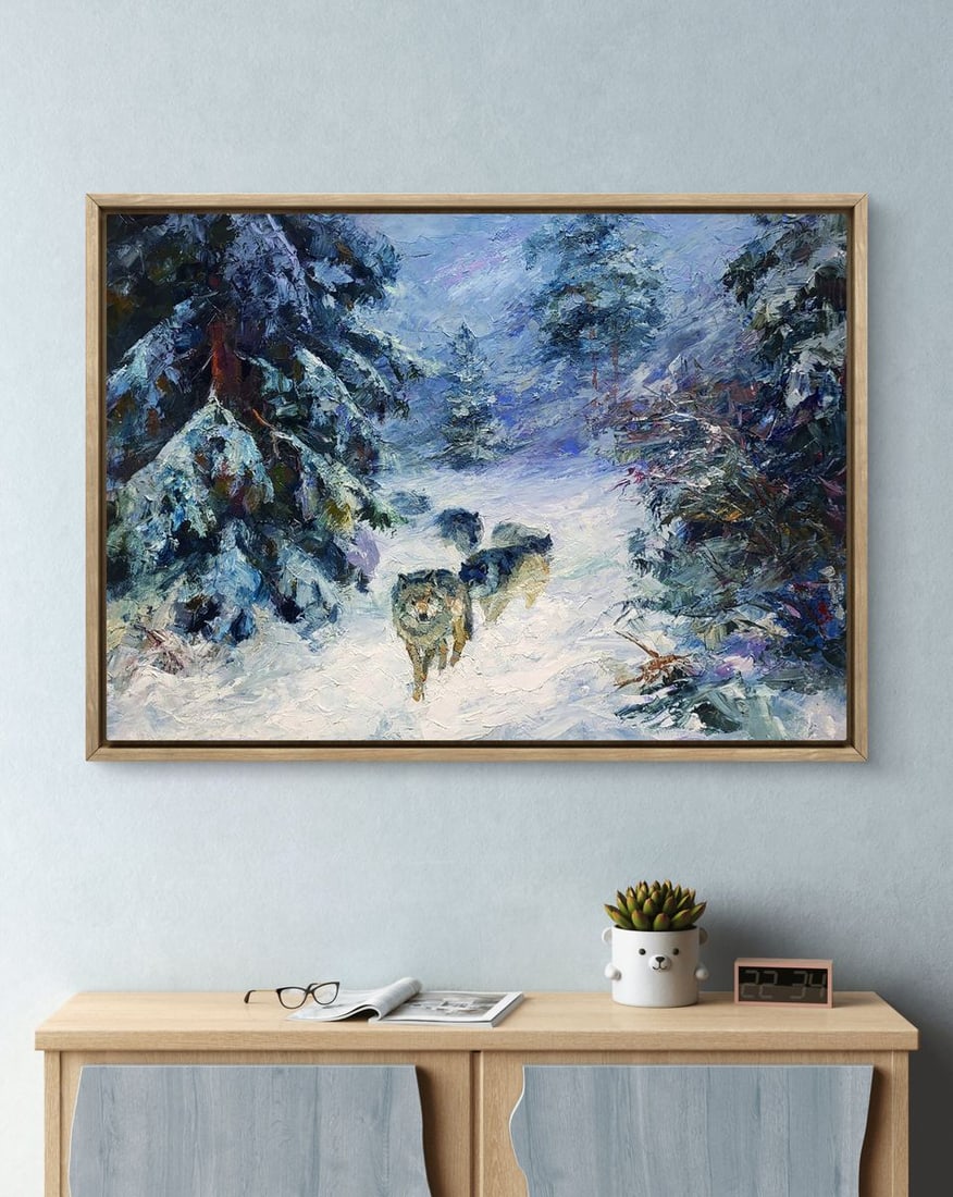 Oil painting Wolf Pack In The Winter Forest Boris Serdyuk - 2
