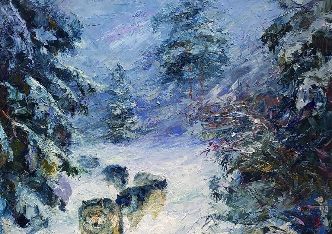 Oil painting Wolf Pack In The Winter Forest Boris Serdyuk - 5