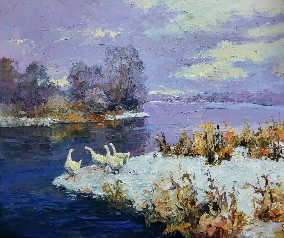Oil painting Geese On A Pond In Winter Boris Serdyuk (1 of 8)
