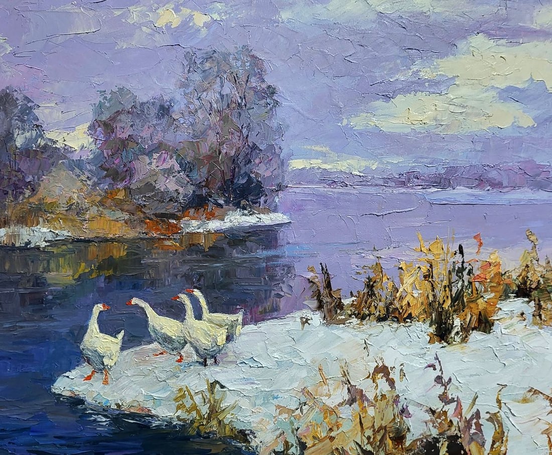 Oil painting Geese On A Pond In Winter Boris Serdyuk - 8