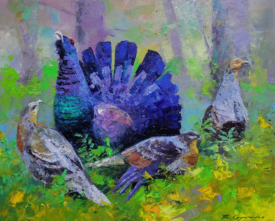 Oil painting Black grouse in the summer forest Boris Serdyuk: Title: Oil painting Black grouse in the summer forest Boris Serdyuk Description: SERB 1292Oil painting Black grouse in the summer forest Boris Serdyuk is a vivid wildlife composition that combines exp
