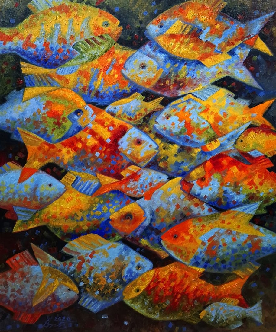Oil painting Fish puzzles Sergey Voichenko: Title: Oil painting Fish puzzles Sergey Voichenko Description: Voich 166Oil painting Fish puzzles Sergey Voichenko is a vibrant composition where a dense school of stylized fish forms a rhythmic, almo