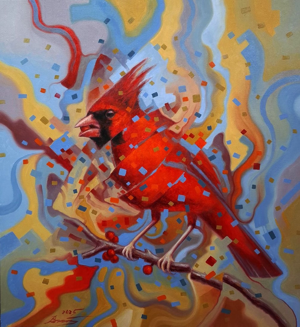 Oil painting Red Cardinal Sergey Voichenko: Title: Oil painting Red Cardinal Sergey Voichenko Description: Voich 170Oil painting Red Cardinal Sergey Voichenko is a striking contemporary bird portrait filled with vivid color, movement, and symbo
