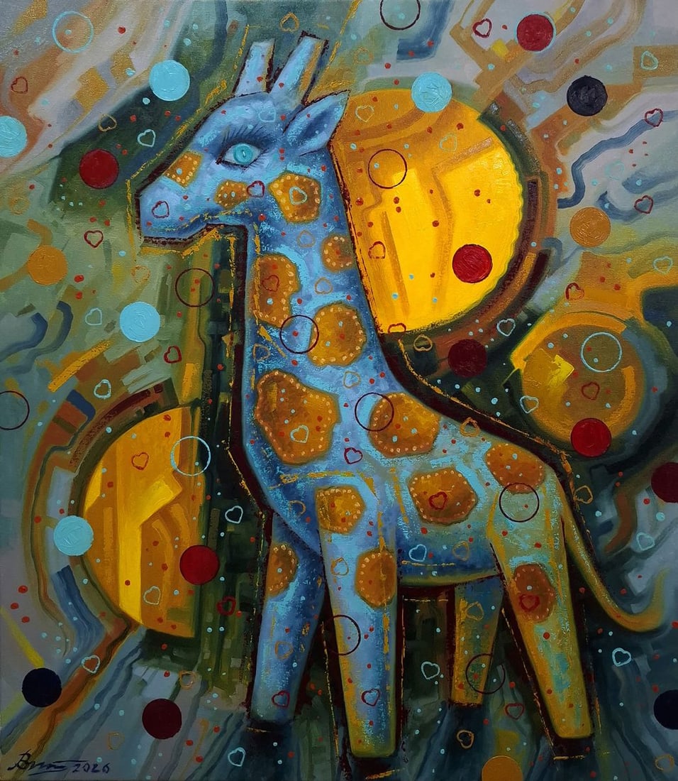 Oil painting The giraffe is walking Sergey Voichenko: Title: Oil painting The giraffe is walking Sergey Voichenko Description: Voich 171Oil painting The giraffe is walking Sergey Voichenko is a vibrant contemporary artwork that combines playful symbolism