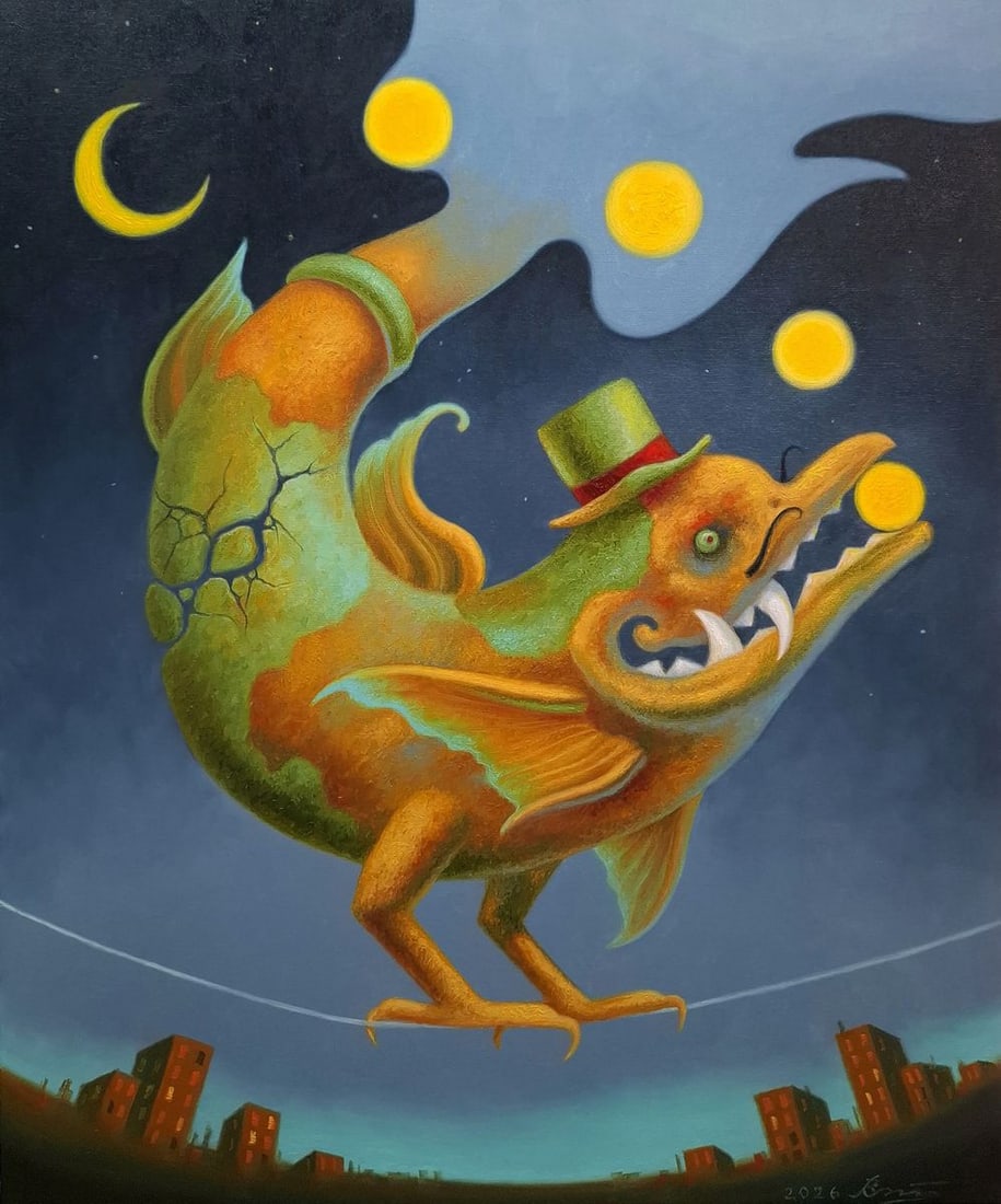 Oil painting Dragon Juggler Sergey Voichenko: Title: Oil painting Dragon Juggler Sergey Voichenko Description: Voich 175Oil painting Dragon Juggler Sergey Voichenko is a striking surreal composition that combines fantasy, symbolism, and exception