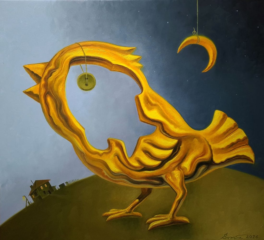 Oil painting Golden Chicken Sergey Voichenko: Title: Oil painting Golden Chicken Sergey Voichenko Description: Voich 178Oil painting Golden Chicken Sergey Voichenko is a captivating surreal artwork that blends symbolism, fantasy, and refined cont