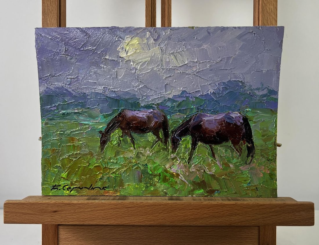 Oil painting Horses grazing peacefully Boris Serdyuk: Title: Oil painting Horses grazing peacefully Boris Serdyuk Description: AAA5467The Oil painting on Cardboard titled “Horses grazing peacefully” evokes a serene pastoral moment where nature
