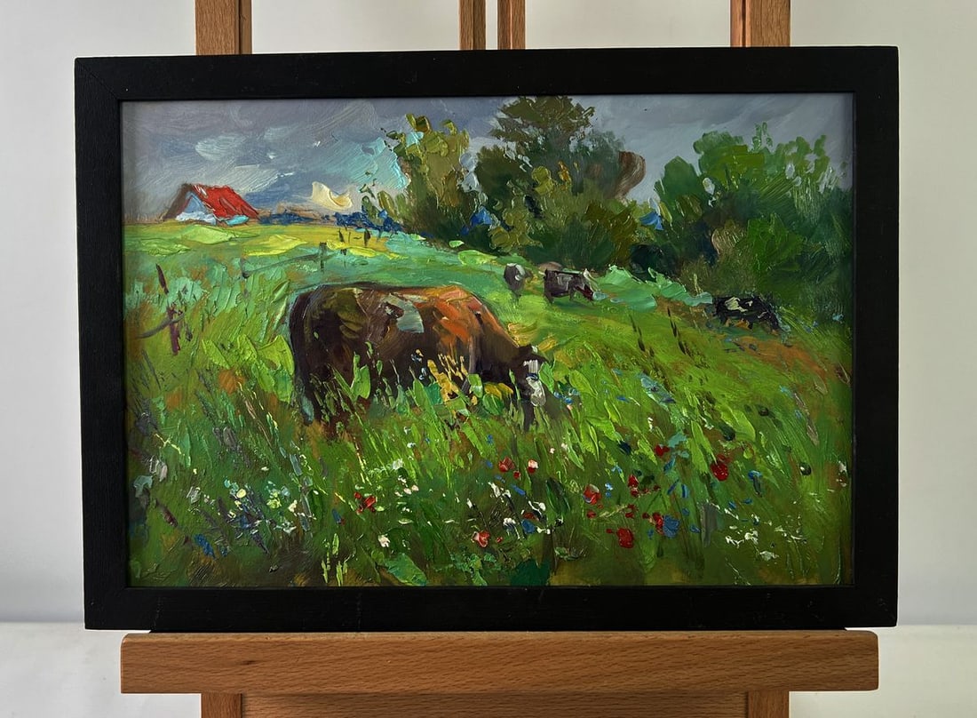 Oil painting Cows in a flower field Yuriy Suprunchuk: Title: Oil painting Cows in a flower field Yuriy Suprunchuk Description: AAA5533The Oil painting on Cardboard titled “Cows in a flower field” is a vivid celebration of rural tranquility, pasto