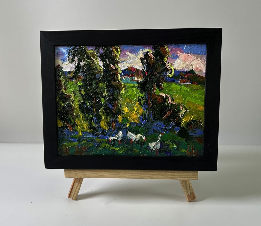Oil painting Geese under the trees Oksana Ivanyuk: Title: Oil painting Geese under the trees Oksana Ivanyuk Description: AAA5803The Oil painting Canvas titled "Geese under the trees" captures a lively and idyllic countryside scene, where nature and ru