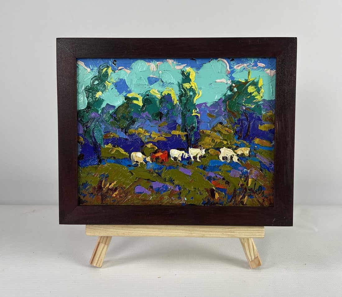 Oil painting Evening light behind the village Alex Kalenyuk: Title: Oil painting Evening light behind the village Alex Kalenyuk Description: AAA5085The oil painting on Cardboard titled "Evening Light Behind the Village" is a luminous, emotionally rich celebrati