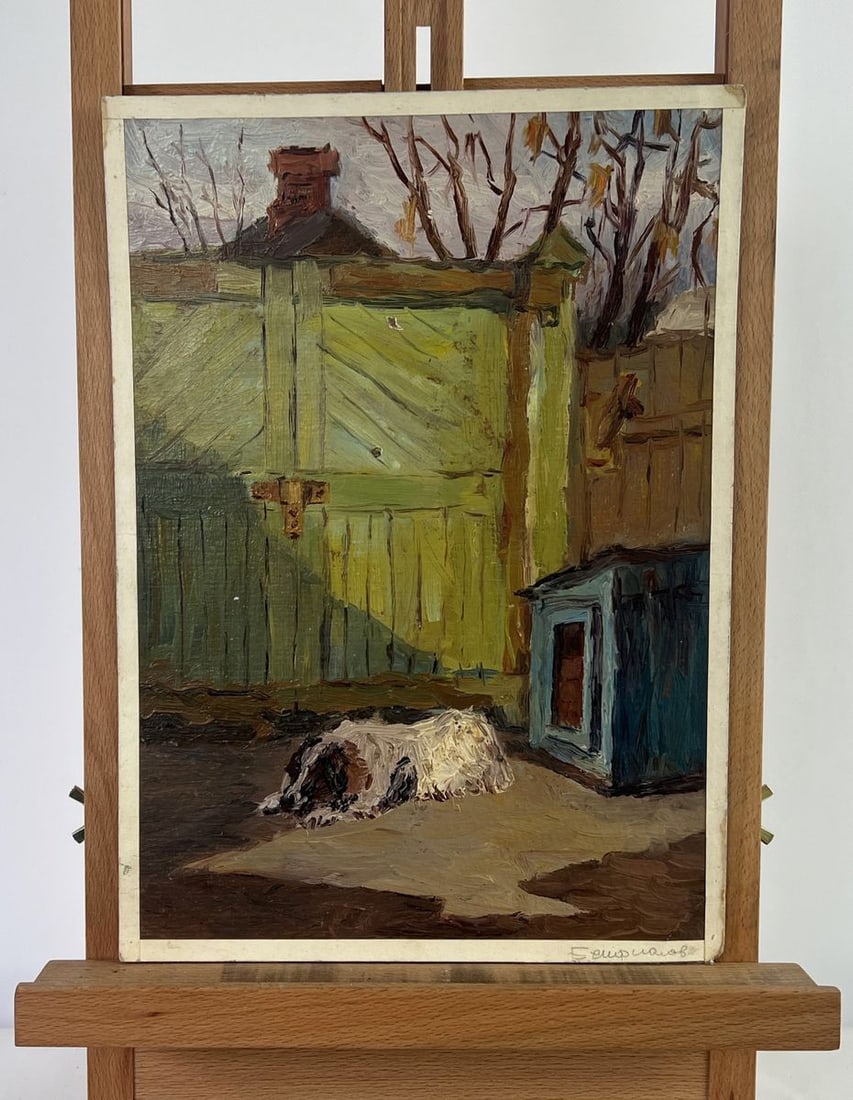 Oil painting The booth and the faithful dog Volodymyr Benfialov: Title: Oil painting The booth and the faithful dog Volodymyr Benfialov Description: AAA5171The oil painting on Cardboard titled "The Booth and the Faithful Dog" captures a quiet, poignant moment in a