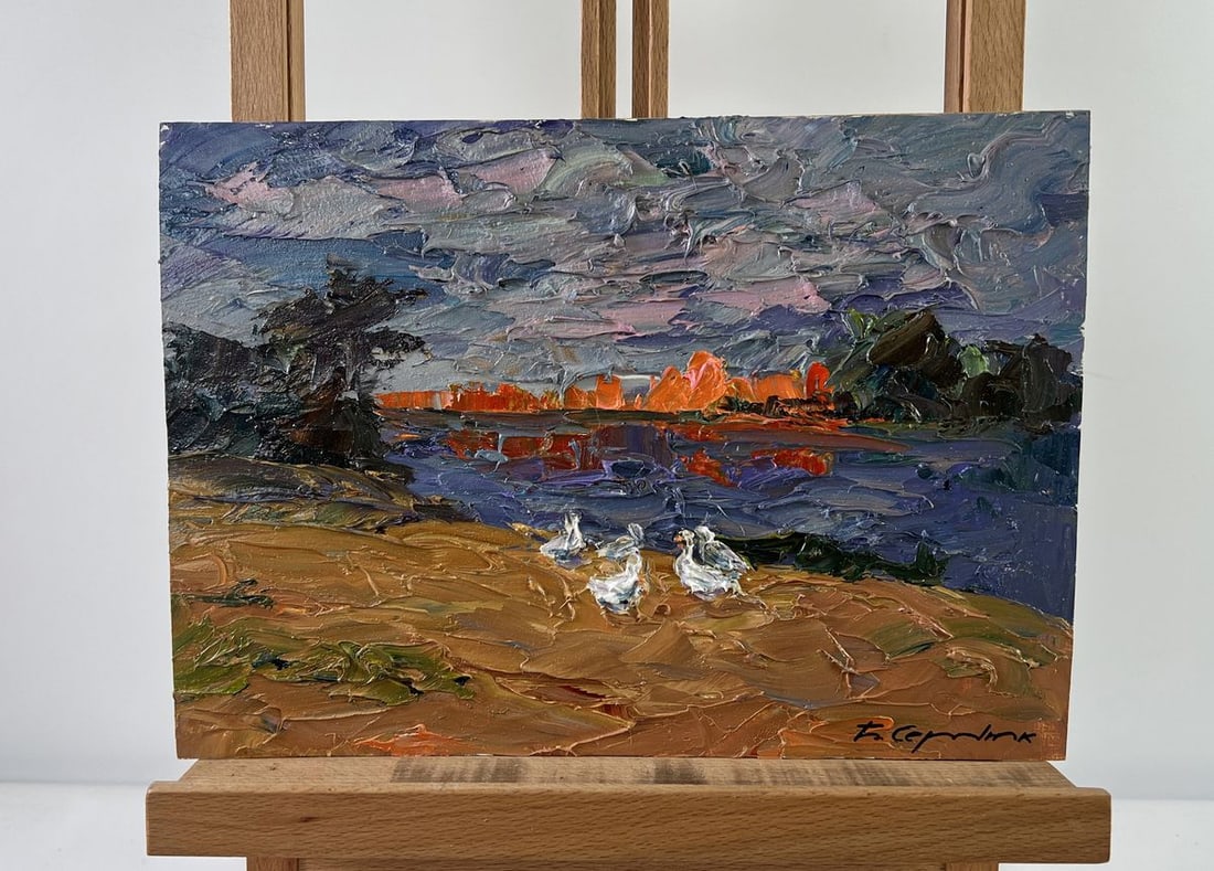 Oil painting Geese in the yard Boris Serdyuk: Title: Oil painting Geese in the yard Boris Serdyuk Description: AAA5317The oil painting on Cardboard titled "Geese in the Yard" captures a moment of rural serenity set against a dramatically lit