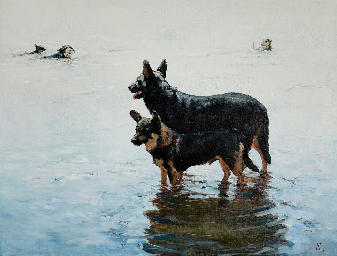 Oil painting Dog fate Oleg Kateryniuk: Title: Oil painting Dog fate Oleg Kateryniuk Description: Kat 45"Dog Fate" is a poignant and evocative oil painting that captures a serene yet thought-provoking moment featuring a group of dogs in and