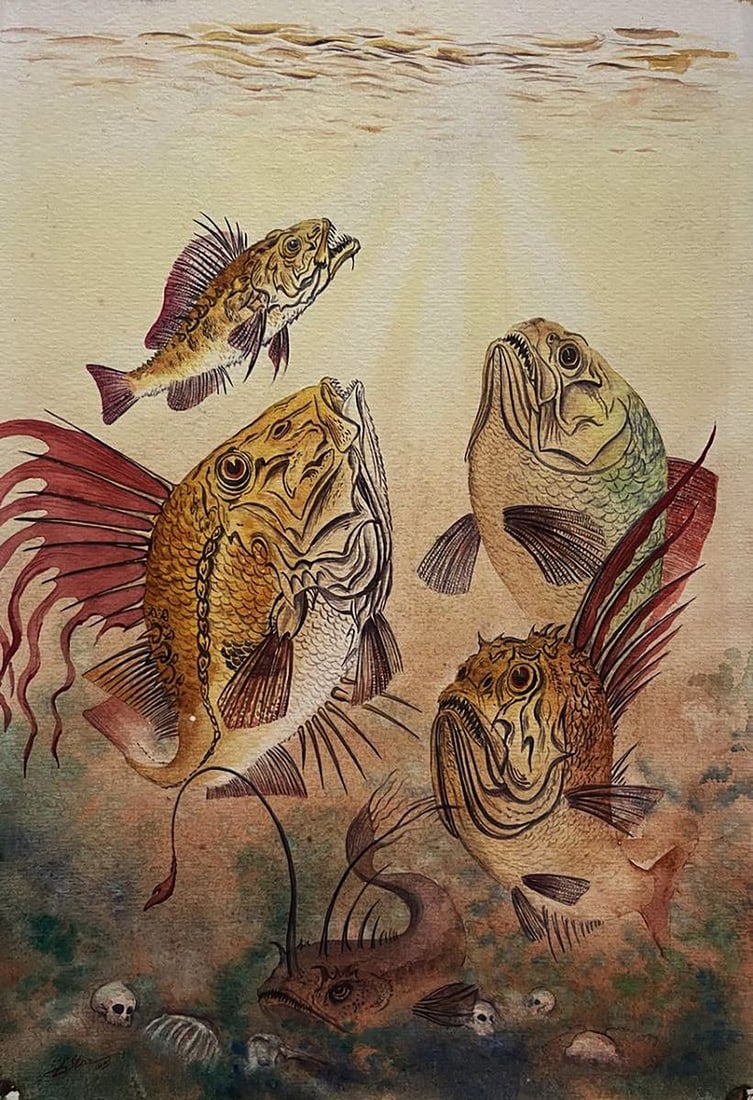 Watercolor painting Predatory fish Dmytro Startsev: Title: Watercolor painting Predatory fish Dmytro Startsev Description: Galler 353*** ABOUT THIS PAINTING **** TITLE: "Predatory fish"* ARTISTS: Dmytro Startsev* SIZE: 36x23 cm/'14.17x9.05 inches'* MED
