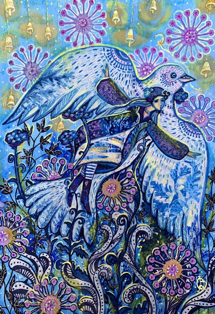 Acrylic painting If I had wings Olga Ponomaryva: Title: Acrylic painting If I had wings Olga Ponomaryva Description: AAA3460The painting titled "If I Had Wings" is an enchanting and intricate composition created with acrylic, marker, and gel pen on