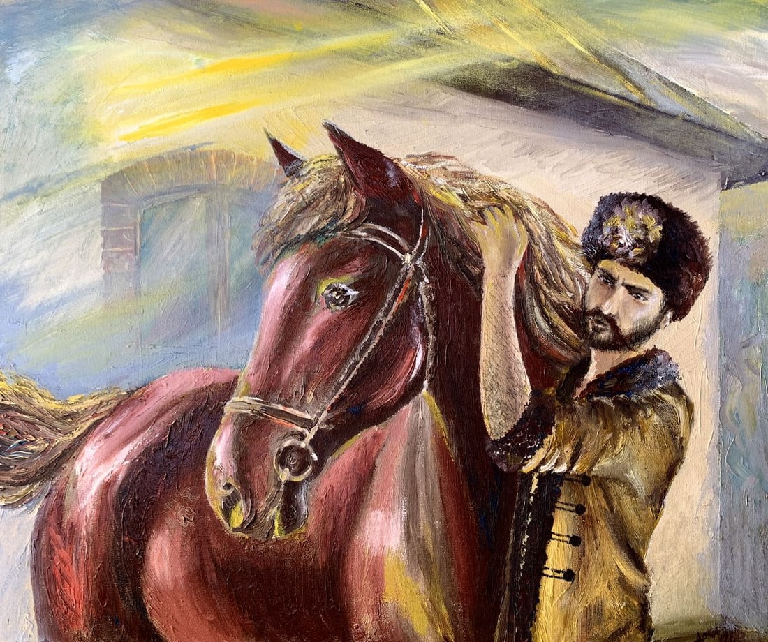 Oil painting Brown horse near the house Dmitry Arkadyev: Title: Oil painting Brown horse near the house Dmitry Arkadyev Description: AAA3583The painting titled "Brown Horse Near the House" is a striking oil on canvas artwork that depicts a harmonious