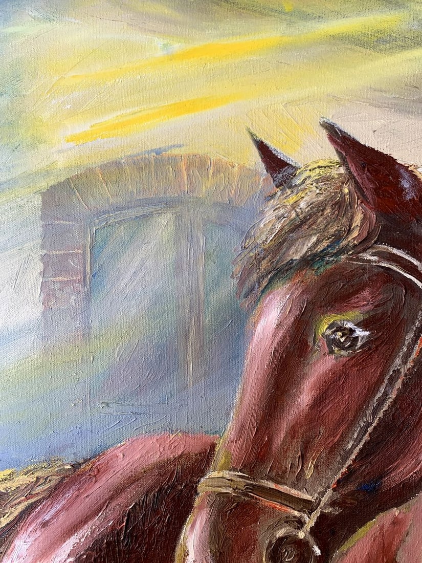 Oil painting Brown horse near the house Dmitry Arkadyev - 4