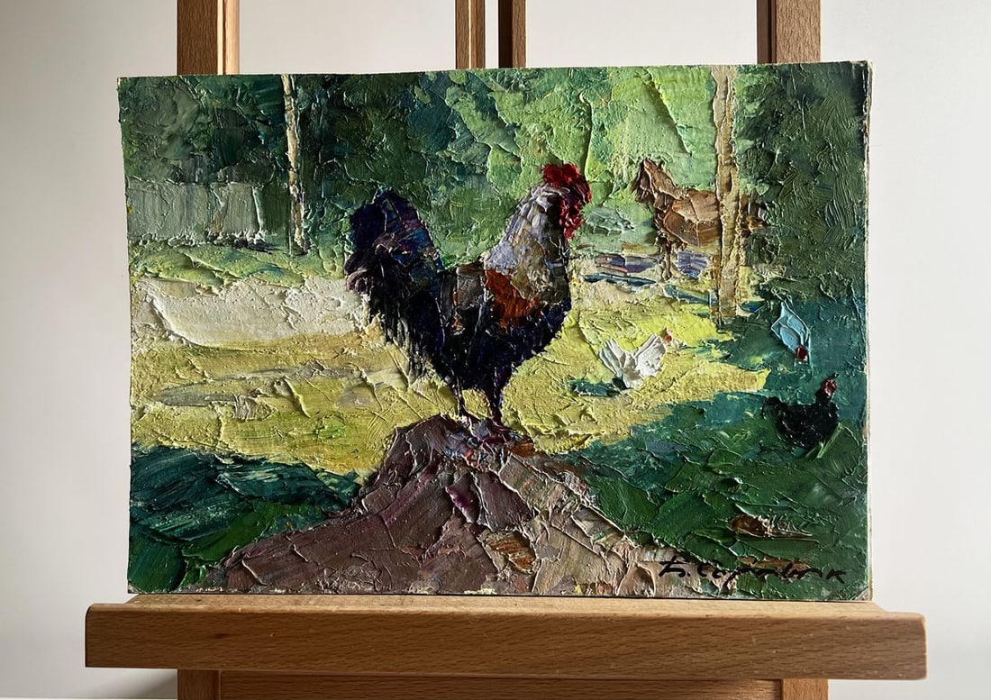 Oil painting Master of the yard Boris Serdyuk: Title: Oil painting Master of the yard Boris Serdyuk Description: AAA3737The oil painting on cardboard, titled "Master of the Yard", captures a vibrant and lively rural scene, where a proud rooster