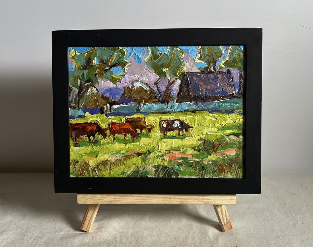Oil painting Cows on a green field Alex Kalenyuk: Title: Oil painting Cows on a green field Alex Kalenyuk Description: AAA3975This oil painting cardboard, titled "Cows on a green field", the artist skillfully uses thick, textured layers of paint to
