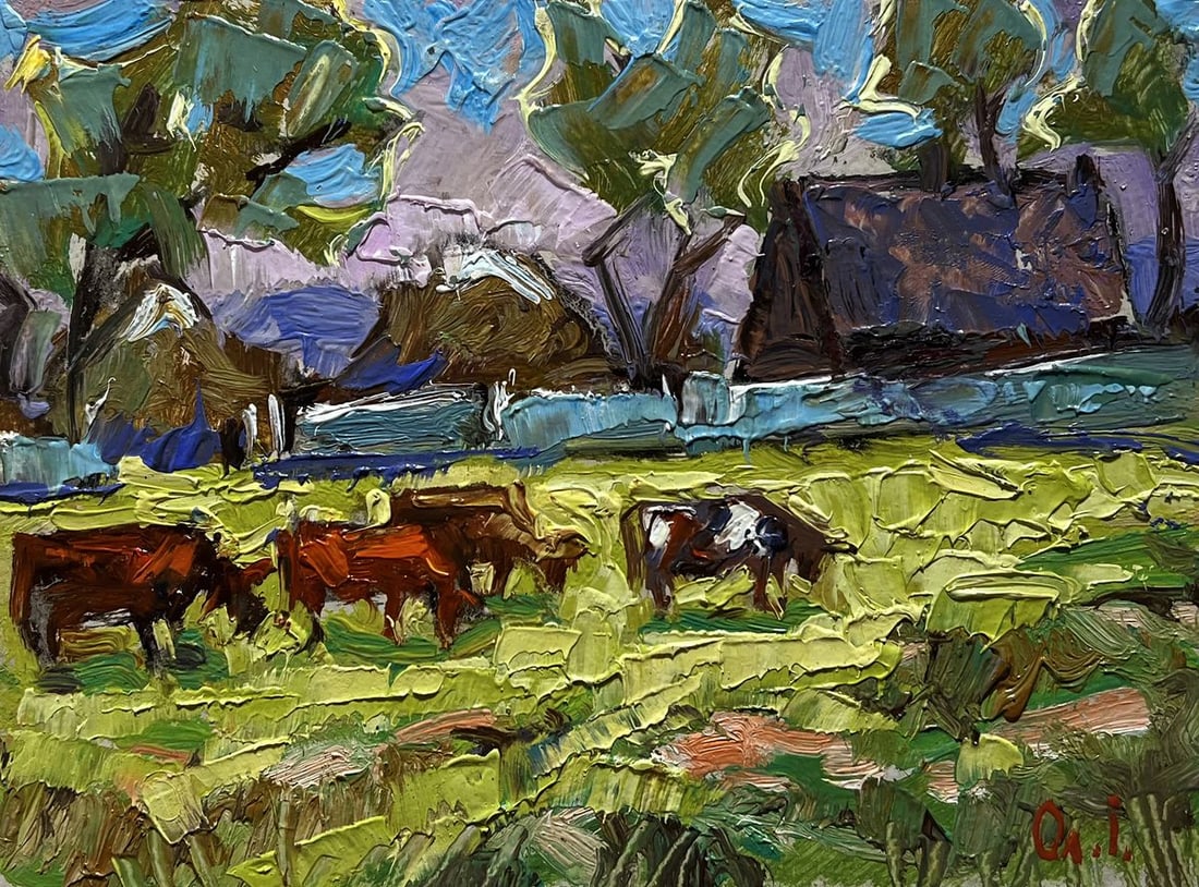 Oil painting Cows on a green field Alex Kalenyuk - 3