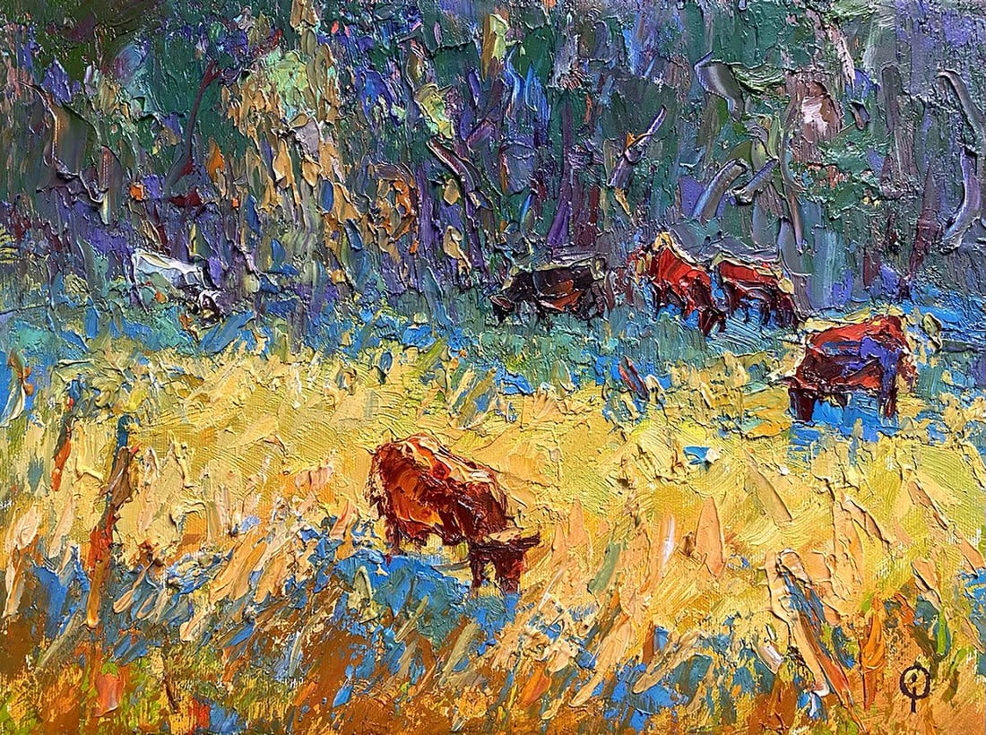 Oil painting In the meadow Oksana Kalenyuk: Title: Oil painting In the meadow Oksana Kalenyuk Description: Kalen 1294"In the Meadow" is a vibrant and dynamic oil painting that captures the essence of a lively pasture teeming with life. The