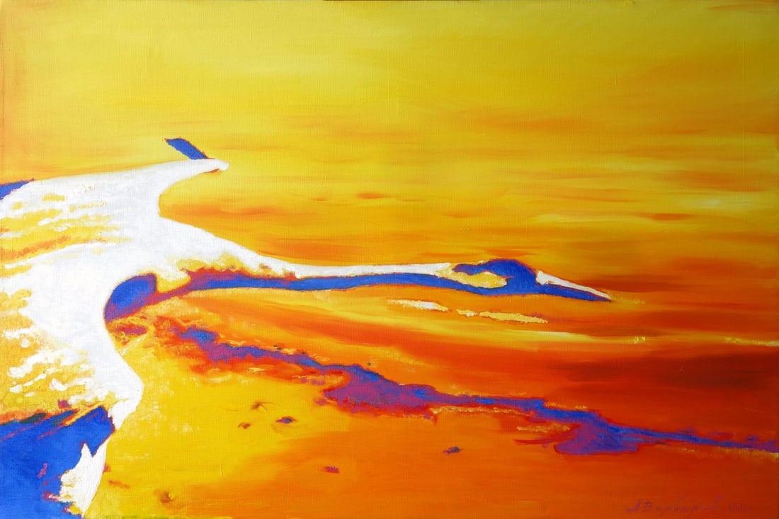 Oil painting Cranes fly Varvarov Anatoly Viktorovich: Title: Oil painting Cranes fly Varvarov Anatoly Viktorovich Description: Varv 192The oil painting titled "Cranes Fly" is a vibrant, abstract representation of the graceful flight of cranes against a s