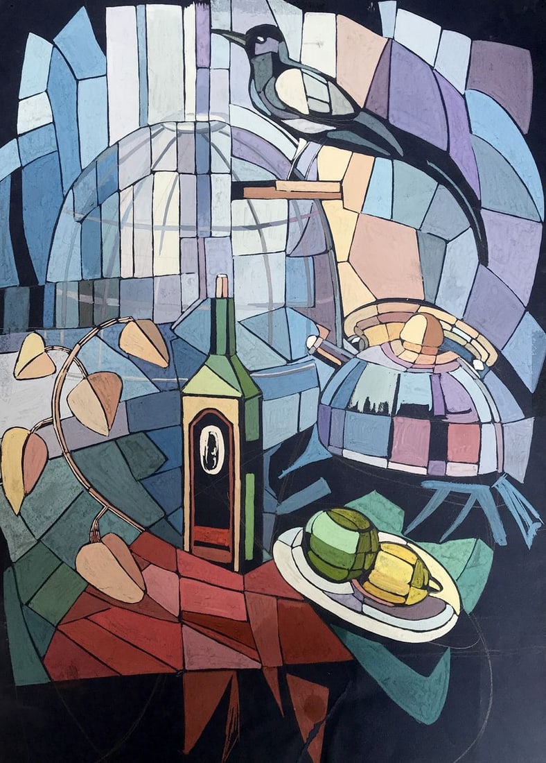 Gouache painting Poultry farming Unknown artist: Title: Gouache painting Poultry farming Unknown artist Description: AAA2777The painting in gouache paints is a beautiful depiction of a still life that combines elements of Impressionism and Cubism. A