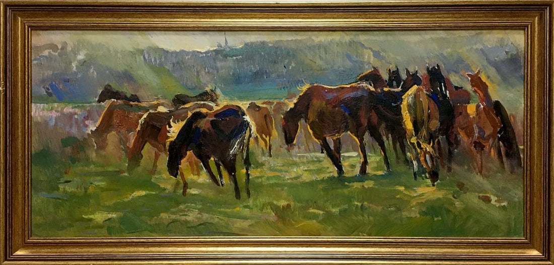 Oil painting Horse portrait: Title: Oil painting Horse portrait Description: Vern 447 *** ABOUT THIS PAINTING *** * TITLE: "Horse portrait" * SIZE: 34x79 cm/'13.38x31.10 inches', frame size: 42x87 cm/'16.53x34.25 inches' *