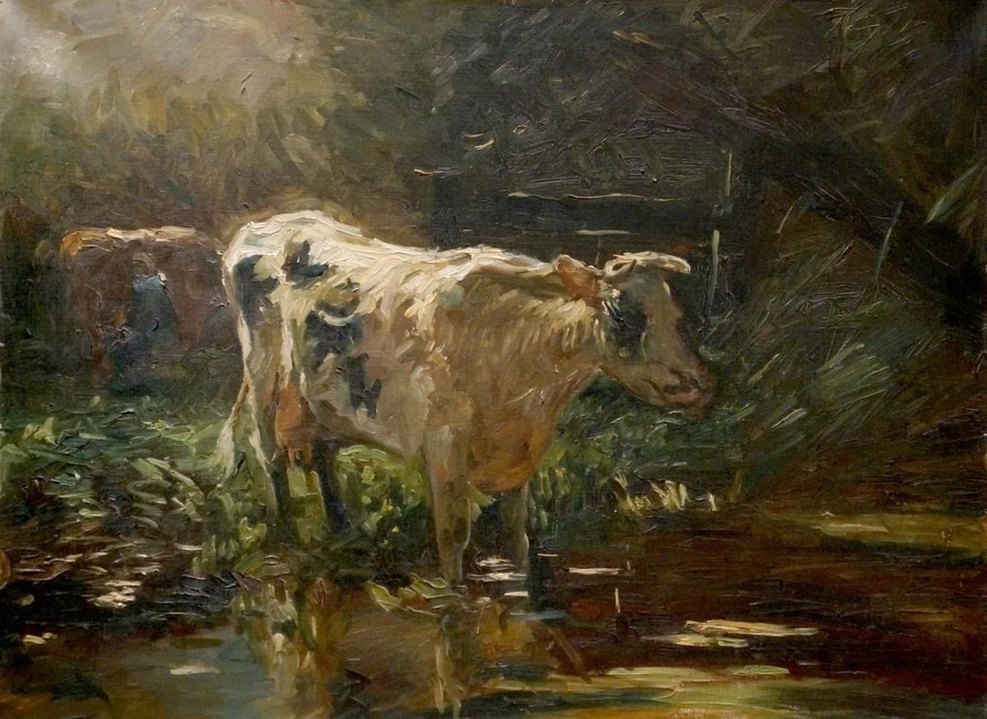 Oil painting Cow at the pond: Title: Oil painting Cow at the pond Description: Verne 120 *** ABOUT THIS PAINTING *** * TITLE: "Cow at the pond" * ARTISTS: Unknown artist * SIZE: 60x80 cm/'23.62x31.49 inches' * MEDIUM: oil, canvas