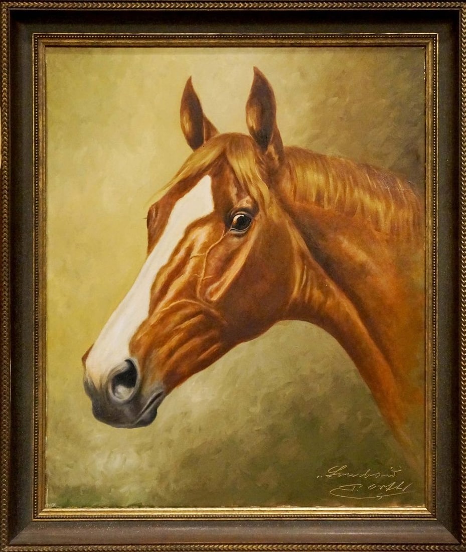 Oil painting Horse portrait: Title: Oil painting Horse portrait Description: Verne 201 *** ABOUT THIS PAINTING *** * TITLE: "Horse portrait" * ARTISTS: Unknown artist * SIZE: 60x50 cm/'23.62x19.68 inches' * MEDIUM: oil, canvas *