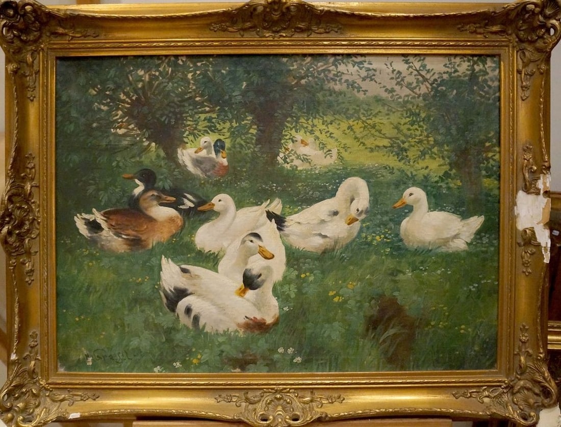 Oil painting Geese walk H. Graesel: Title: Oil painting Geese walk H. Graesel Description: Verne 209 *** ABOUT THIS PAINTING *** * TITLE: "Geese walk" * ARTISTS: H. Graesel * SIZE: 50x70 cm/'19.68x27.55 inches' * MEDIUM: oil, canvas *
