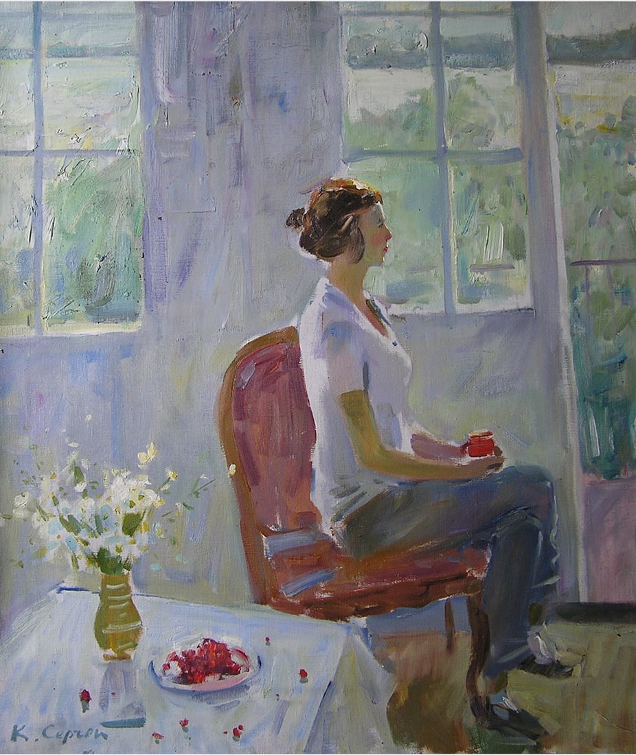 Oil painting On the porch Serg Kovalenko: Title: Oil painting On the porch Serg Kovalenko Description: 59SK Painter: Serg Kovalenko S?ze: 60x70 cm/23.6x27.6 inches Components: oil, canvas Original painting CONDITION: exellent ERA: modern