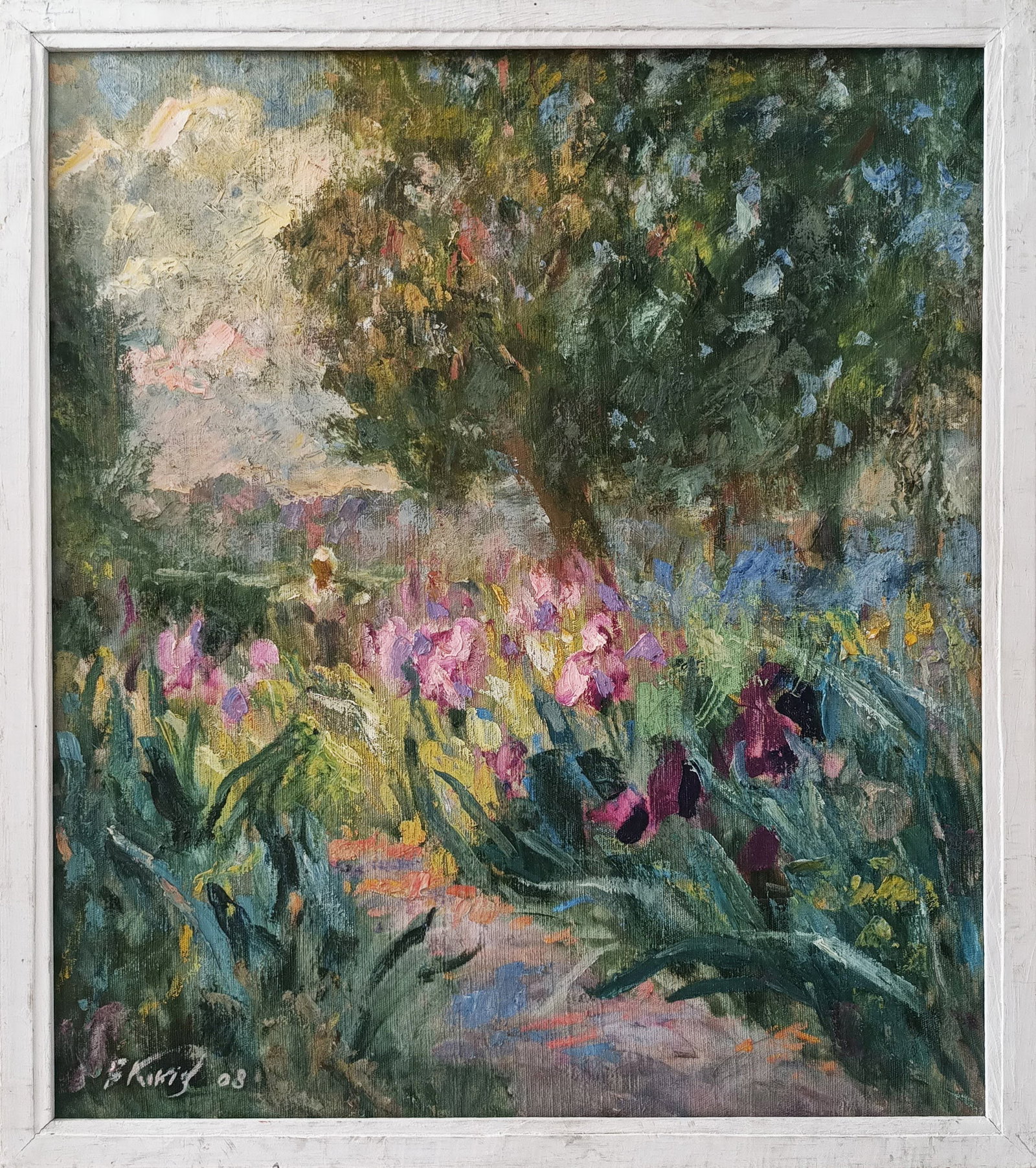 Oil painting Irises by honored painter Ukrainian Vasyl K.: Title: Oil painting Irises by honored painter Ukrainian Vasyl K. Description: 13Kv Painter: Vasyl K. S?ze: 61.2x72.2 cm/ 24.09x28.54 inches Components: oil, canvas Original painting CONDITION: exellen