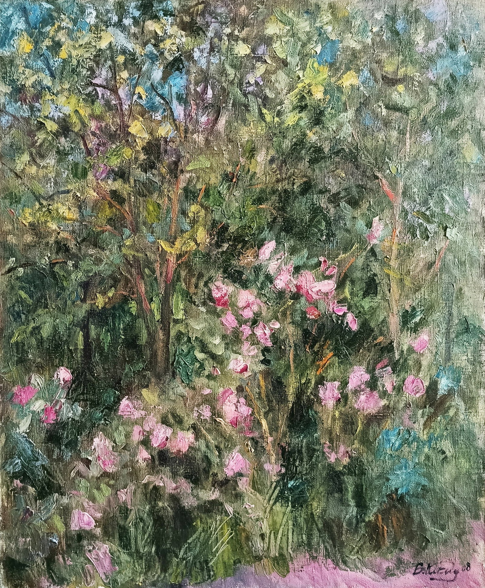 Oil painting Garden by honored painter Ukrainian Vasyl K.: Title: Oil painting Garden by honored painter Ukrainian Vasyl K. Description: 27Kv Painter: Vasyl K. S?ze: 61.5x71.5 cm/ 24.21x28.14 inches Components: oil, canvas Original painting CONDITION: exellen