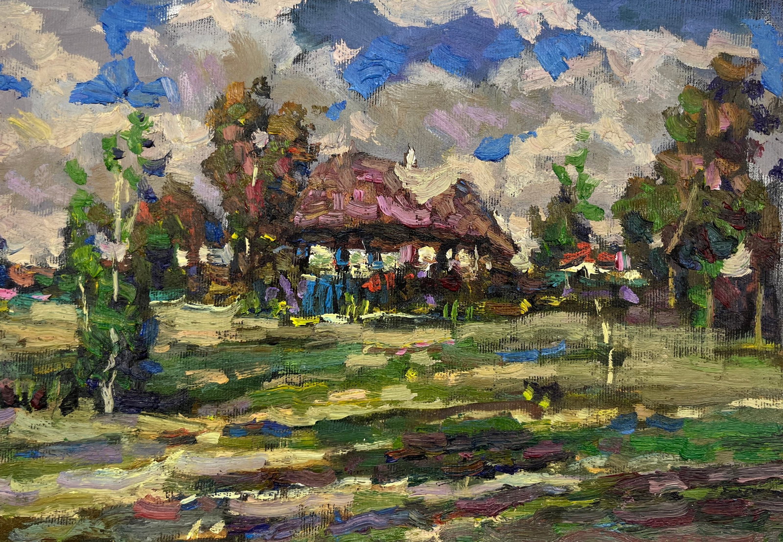 Oil painting house in the village Sergey Ivanovich: Title: Oil painting house in the village Sergey Ivanovich Description: 84ALAA Painter: Sergey Ivanovich Animov S?ze: 30x20 cm/11.8x7.87 inches Components: canvas, oil Original painting from our collec