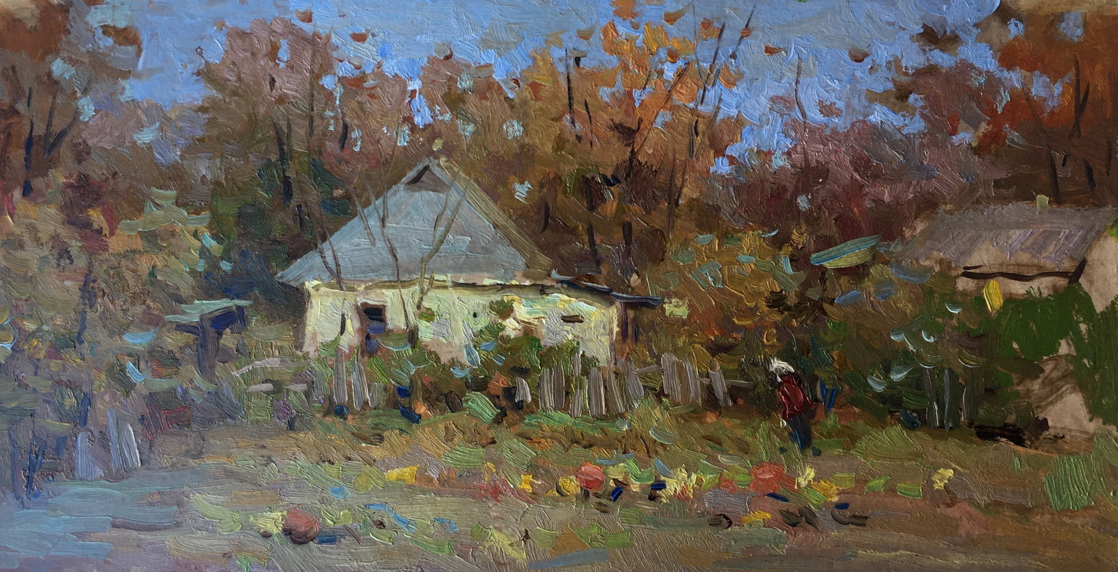 Oil painting Lonely courtyard Sergey Ivanovich: Title: Oil painting Lonely courtyard Sergey Ivanovich Description: 121ALAA Painter: Sergey Ivanovich Animov S?ze: 52x28 cm/20,5x11 inches Components: cardboard, oil Original painting from our collecti