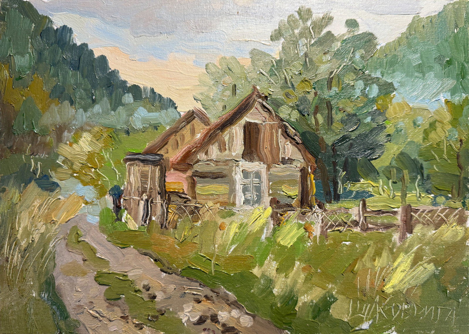 Oil painting Old house K. Leonid: Title: Oil painting Old house K. Leonid Description: 46KK Painter: K. Leonid S?ze: 25x35 cm/ 9.84x13.77 inches Components: oil, canvas, cardboard Original painting CONDITION: exellent ERA:2014