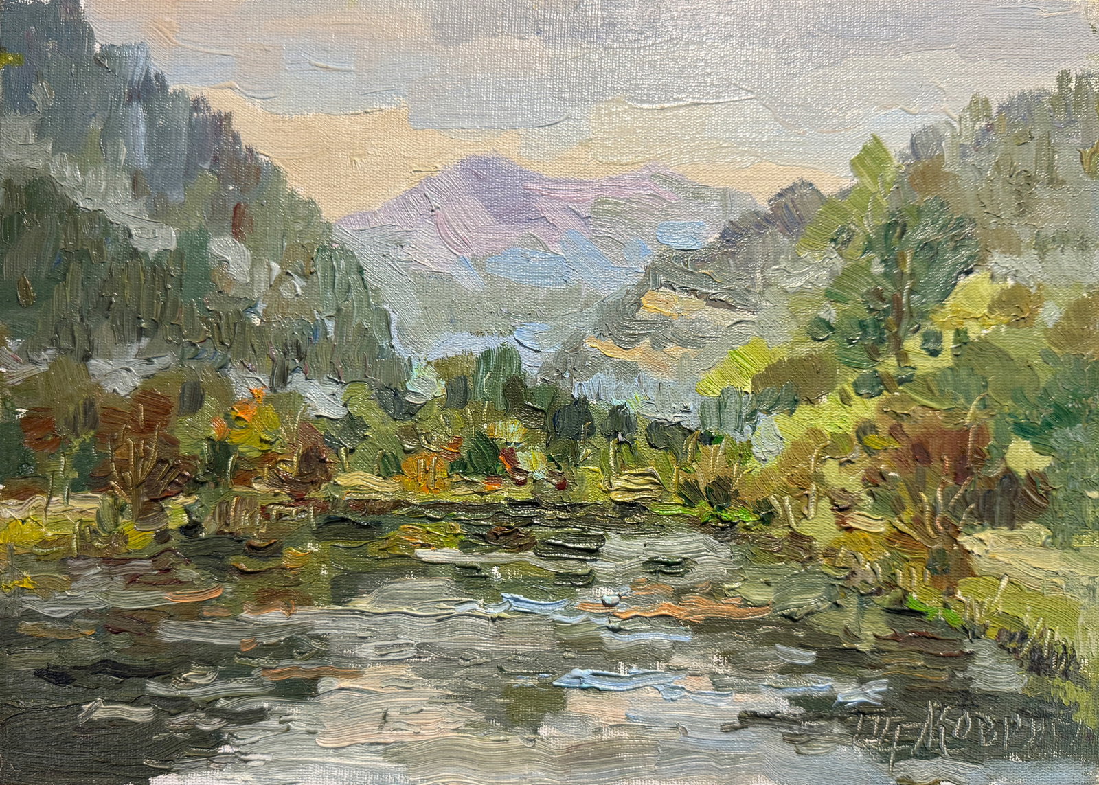 Oil painting the city of Skole Pond K. Leonid: Title: Oil painting the city of Skole Pond K. Leonid Description: 49KK Painter: K. Leonid S?ze: 25x35 cm/ 9.84x13.77 inches Components: oil, canvas, cardboard Original painting CONDITION: exellent