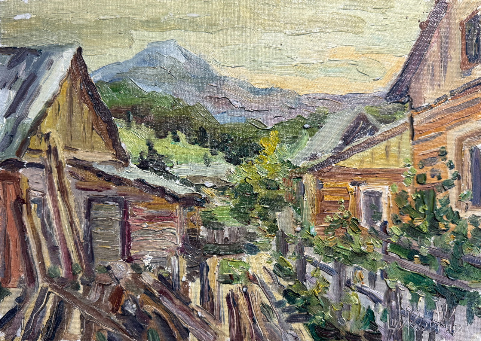 Oil painting Carpathian village Chorna Tysa K. Leonid: Title: Oil painting Carpathian village Chorna Tysa K. Leonid Description: 56KK Painter: K. Leonid S?ze: 25x35 cm/ 9.84x13.77 inches Components: oil, canvas, cardboard Original painting CONDITION: