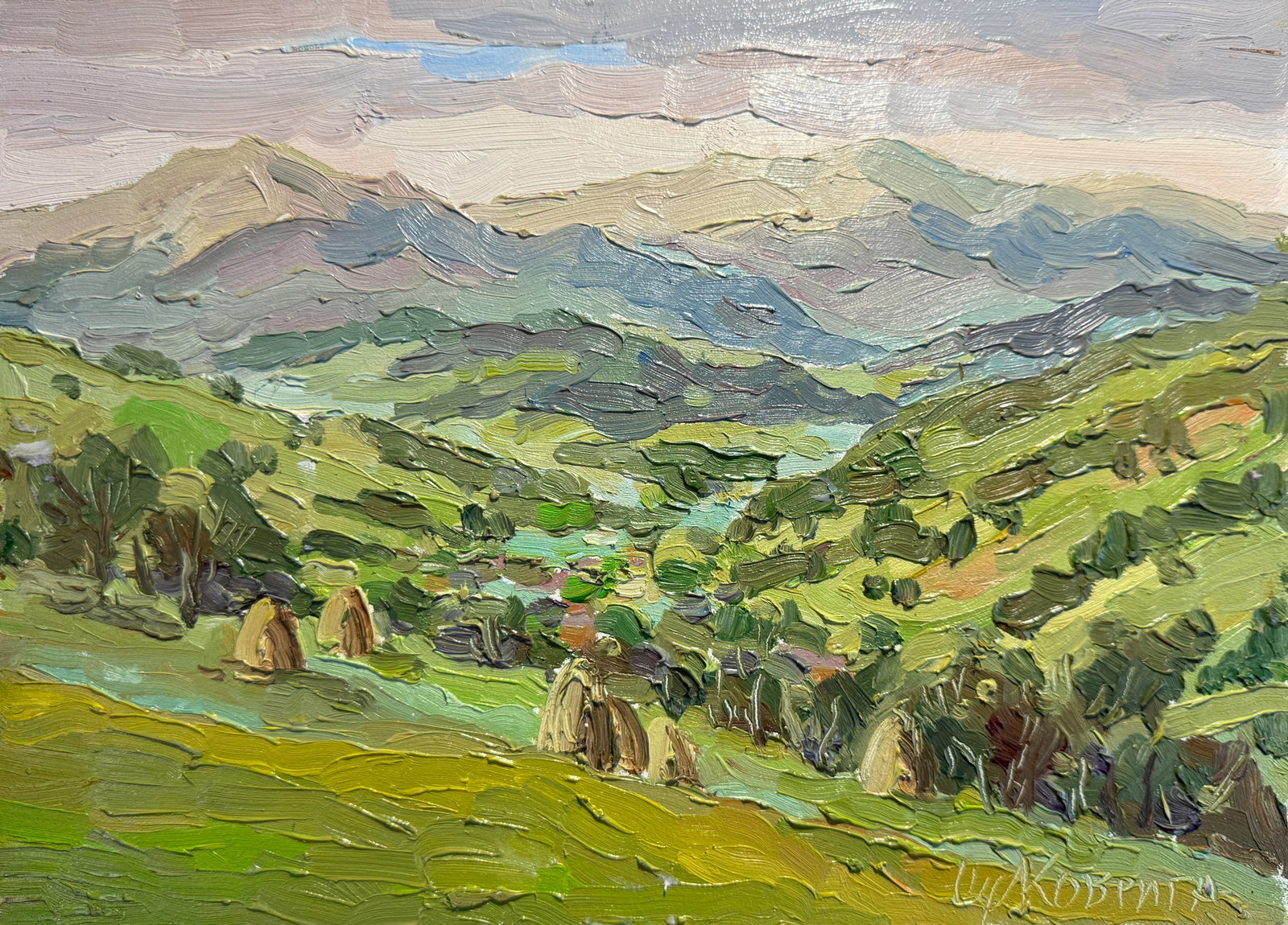 Oil painting village in the Carpathians K. Leonid: Title: Oil painting village in the Carpathians K. Leonid Description: 63KK Painter: K. Leonid S?ze: 25x35 cm/ 9.84x13.77 inches Components: oil, cardboard Original painting CONDITION: exellent ERA:201