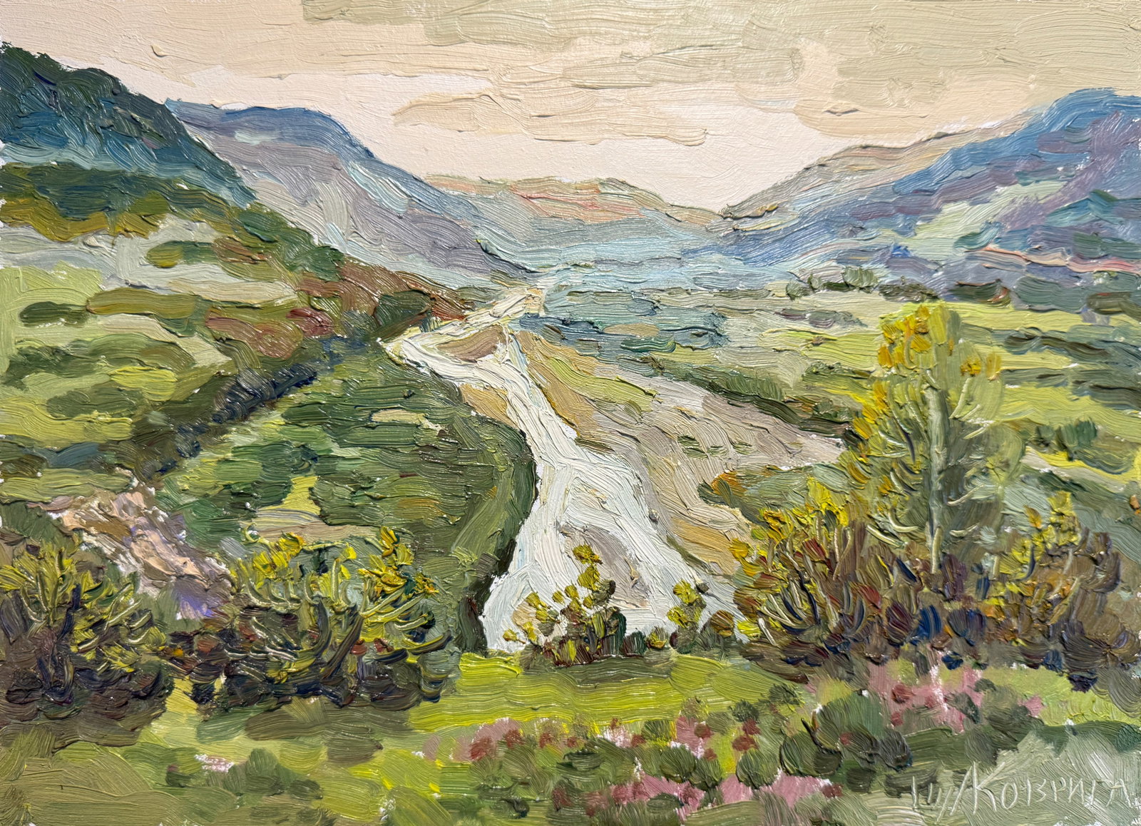 Oil painting village in the Carpathians K. Leonid: Title: Oil painting village in the Carpathians K. Leonid Description: 64KK Painter: K. Leonid S?ze: 25x35 cm/ 9.84x13.77 inches Components: oil, cardboard Original painting CONDITION: exellent ERA:201