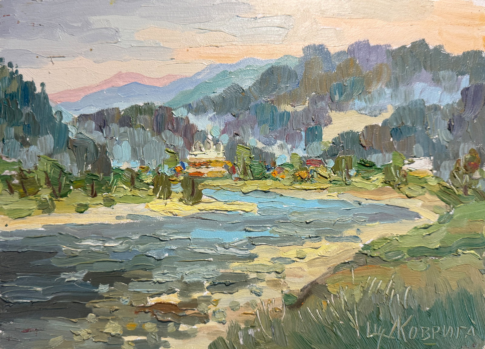 Oil painting river in the Carpathians K. Leonid: Title: Oil painting river in the Carpathians K. Leonid Description: 66KK Painter: K. Leonid S?ze: 25x35 cm/ 9.84x13.77 inches Components: oil, cardboard Original painting CONDITION: exellent ERA:2014