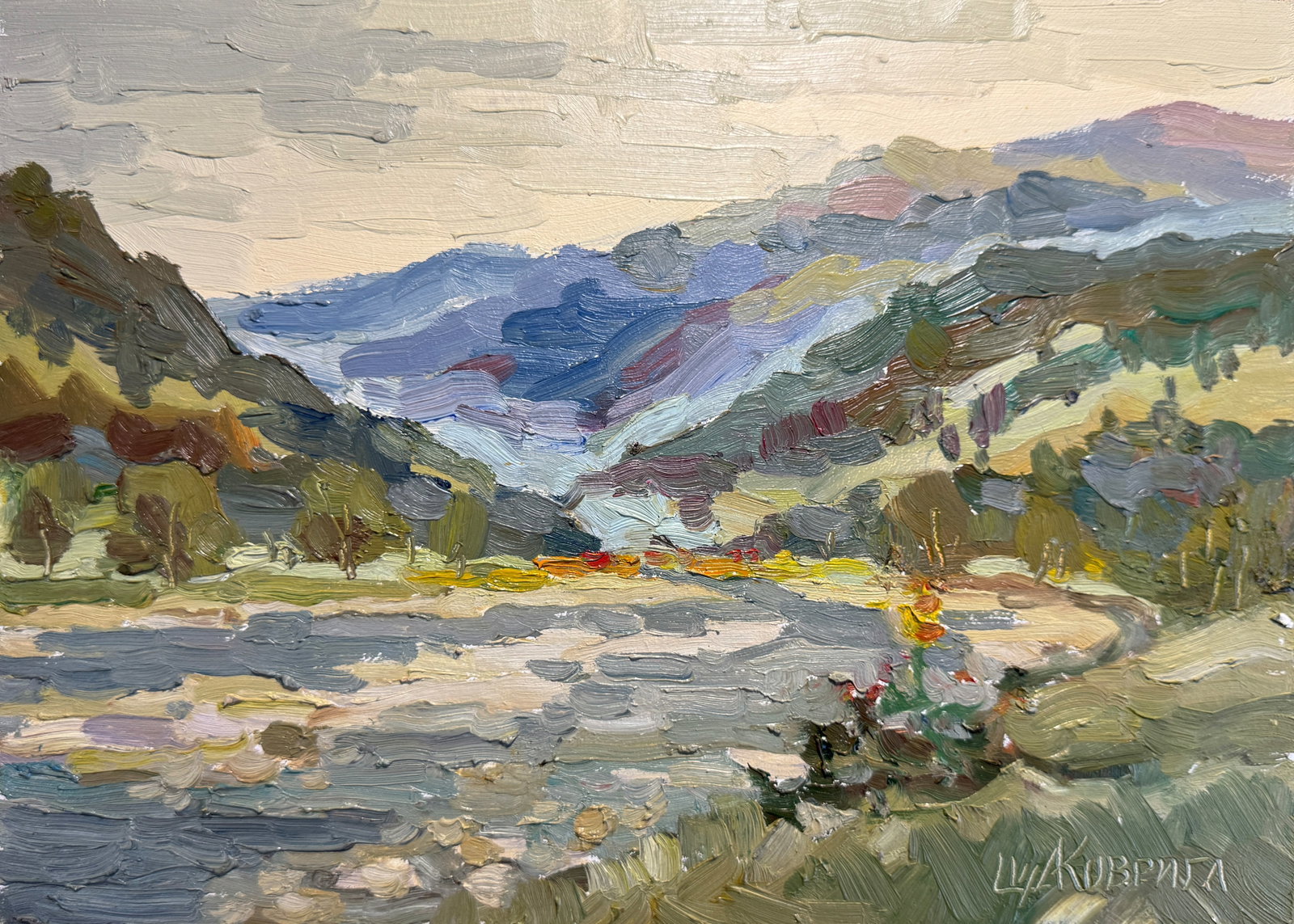 Oil painting river in the Carpathians K. Leonid: Title: Oil painting river in the Carpathians K. Leonid Description: 67KK Painter: K. Leonid S?ze: 25x35 cm/ 9.84x13.77 inches Components: oil, cardboard Original painting CONDITION: exellent ERA:2014