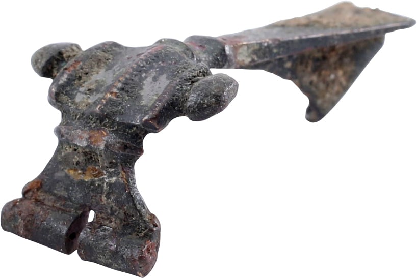 ROMAN FIBULA, 1ST-3RD CENTURY AD: The original garment pin patented two millennia later as the " safety pin" . Bronze, 1 3/8" length, of elegant form, with transversely expanded arched back. Probably for a woman's garment. This type