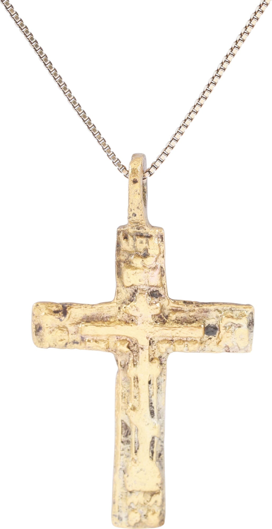 GOOD EASTERN EUROPEAN CHRISTIAN CROSS NECKLACE, 17TH-18TH CENTURY: 17th-18th Century, Orthodox rite. Gilt bronze, just over 1 3/8” (1.43”) height plus the suspension loop. A plain cross cent0eered with charges and ciphers at the terminals. Reverse filled