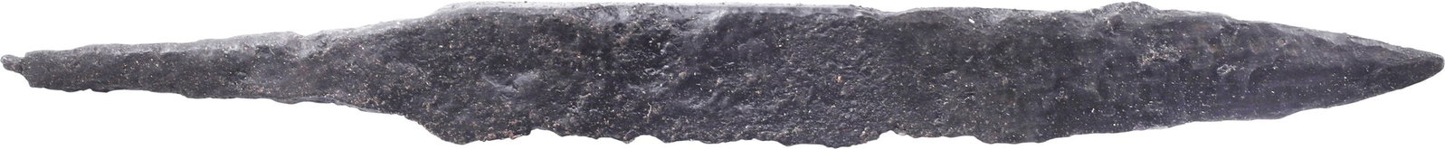 VIKING POUCH KNIFE 9TH-11TH CENTURY AD: Over 3 1/4” (3.28”) total length. Wedge section blade for slashing with a dramatically point in the scramseax style for thrusting. Whittle tang, to secure it to the wood, bone, or antler