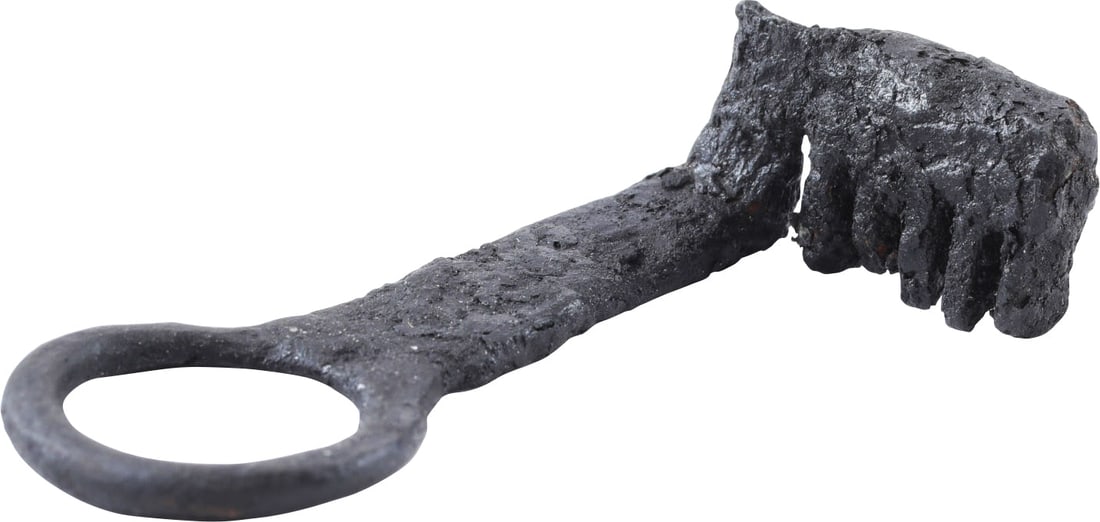 MEDIEVAL EUROPEAN DOOR KEY: Style which evolved directly from the Roman, suggesting a Byzantine origin, about 500-800 AD. Forged iron, 2 3/4" length with tapered flat shaft and ring terminal. Toothed bit folded over forming a