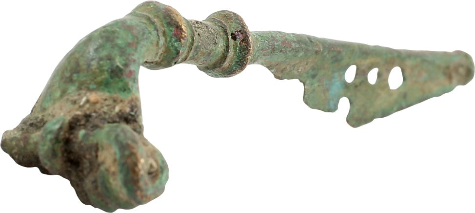 ROMAN FIBULA, LATE 2ND-5TH CENTURY AD.: Riha (The Roman Fibula from Augst and Kaiseraugst) type B3 with independent spring on an axel pierced through the bow base. Bronze, 2 5/8" length. Elegant tapered bow with a flared base and transverse